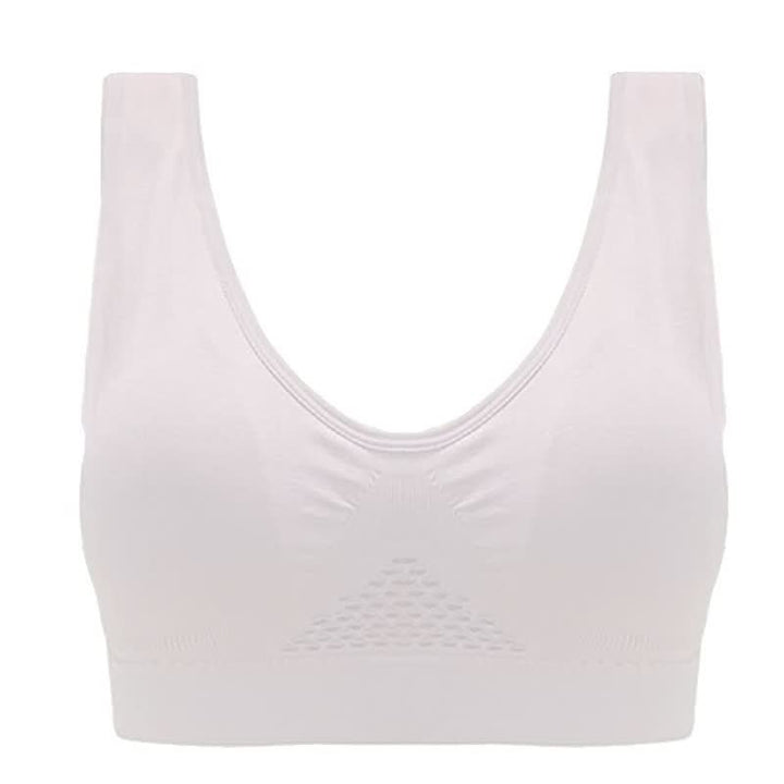 Weißer nahtloser Sport-BH für Damen, atmungsaktiv, bequem, Fitnessbekleidung.