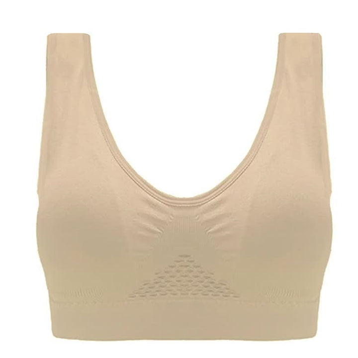 Beiger nahtloser Damen-BH, bequem, elastisch, ohne Bügel, ideal für Alltag und Sport.