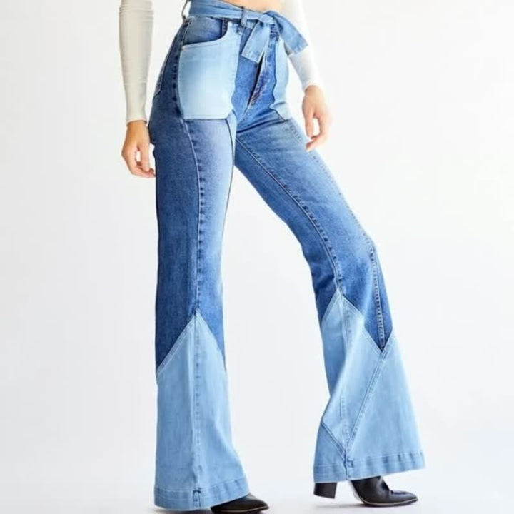 Damen-Jeans mit Schlag, Patchwork-Design, blau, hoher Bund, modisch, aus Denim.