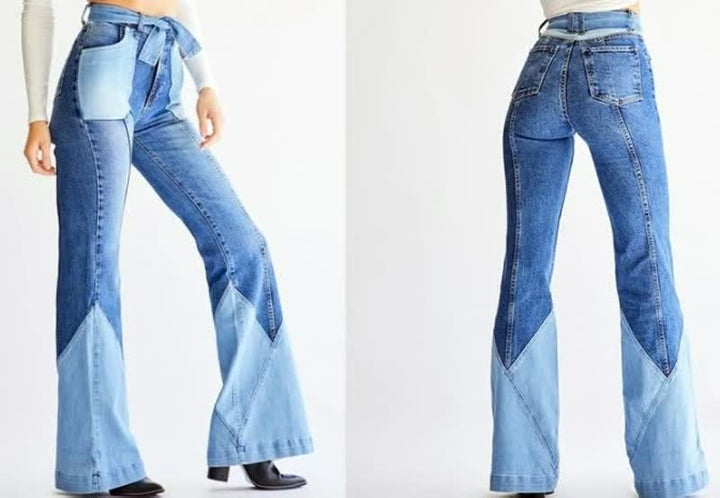 Damen-Schlagjeans, blau, Patchwork-Design, hohe Taille, modisch, 70er-Jahre-Stil.