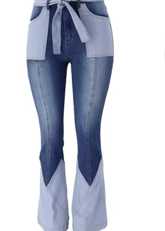 Damen-Jeanshose mit Gürtel, blau, Patchwork-Design, modisch, bequem, aus Denim.