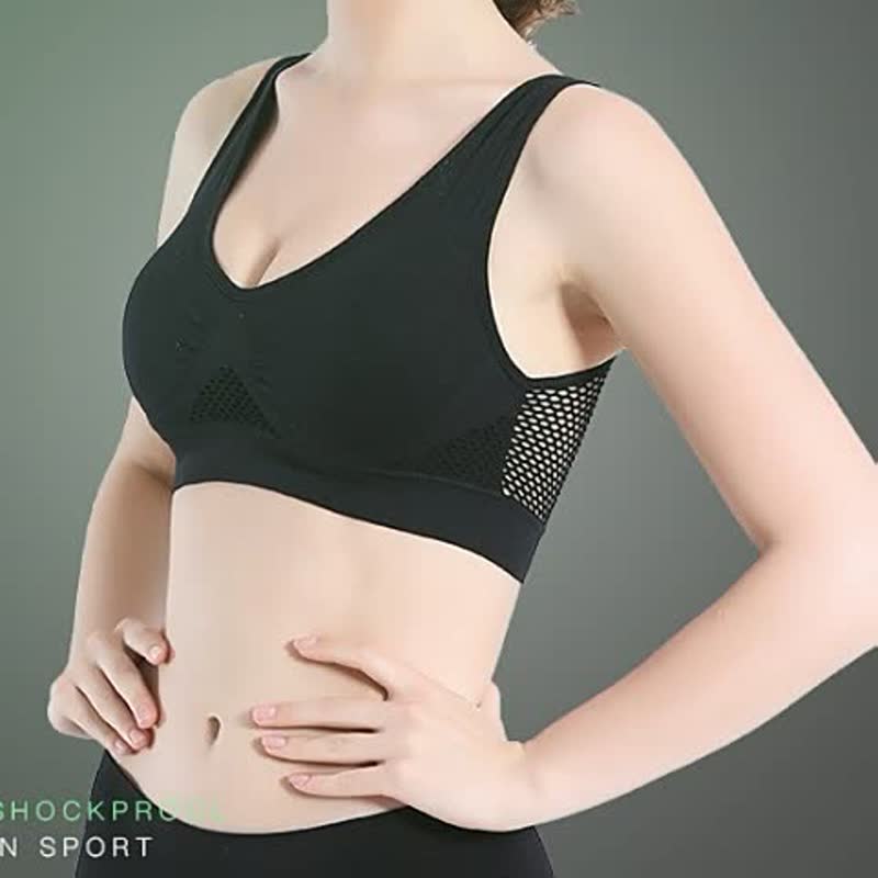 Schwarzer Sport-BH für Damen, atmungsaktiv, nahtlos, ideal für Fitness und Yoga.