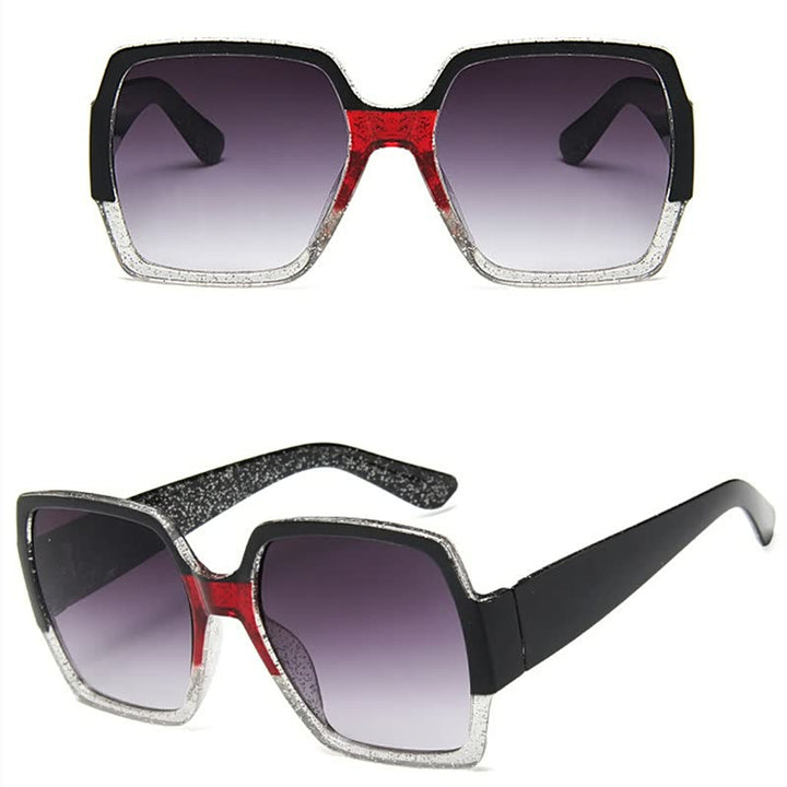 Schwarze eckige Sonnenbrille mit rotem und silbernem Glitzerrahmen, UV-Schutz, modisch.