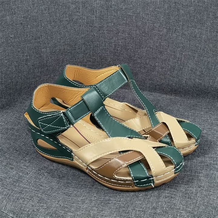 Damen-Sandalen, grün-beige, Leder, bequem, Sommermode, Freizeit, rutschfest, elegant