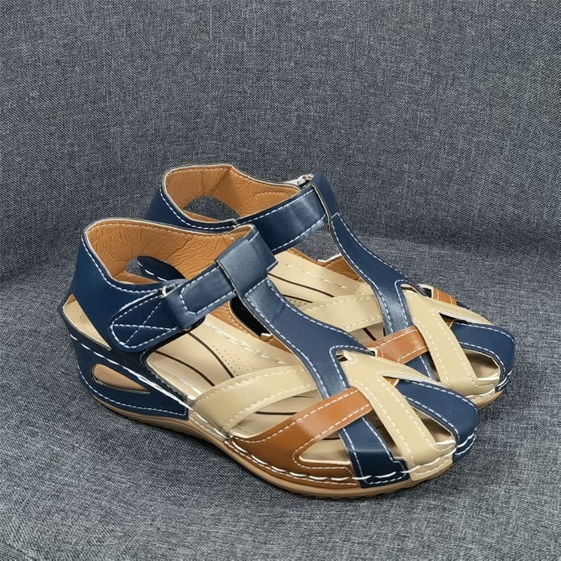 Damen Sandalen, blau-beige-braun, Leder, Klettverschluss, bequem, Sommermode, Keilabsatz.