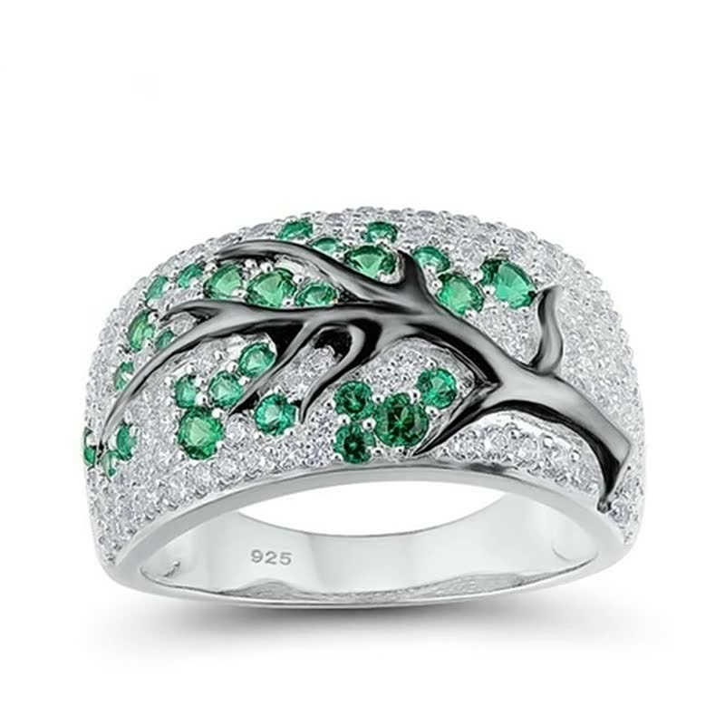 Silberring mit grünen Edelsteinen, Baumdesign, Damenring, 925 Sterling Silber, Schmuckaccessoire