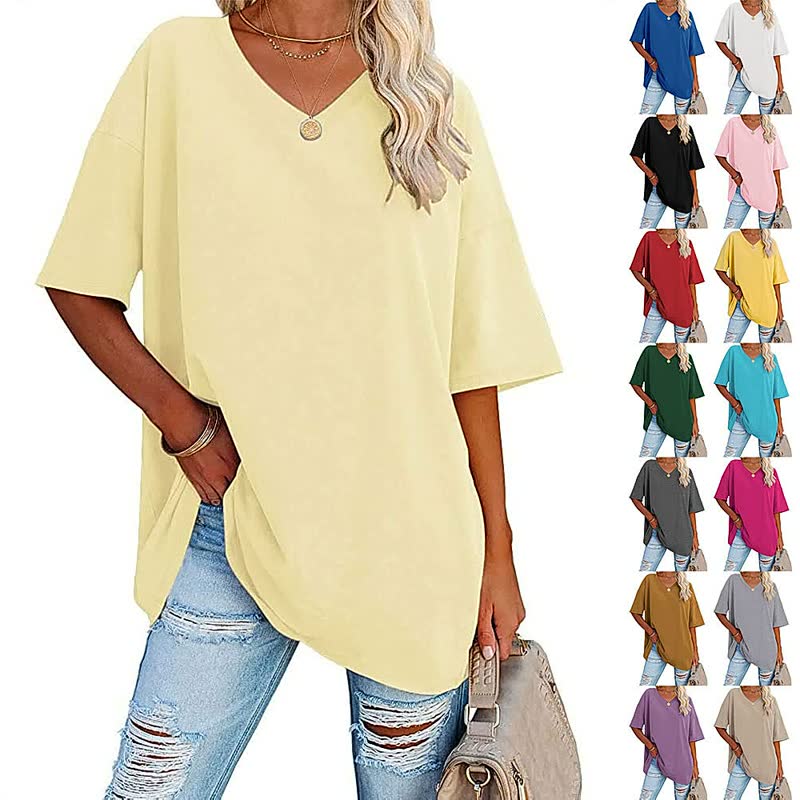 Damen Oversize T-Shirt, gelb, V-Ausschnitt, Baumwolle, lässig, verschiedene Farben, Sommermode.