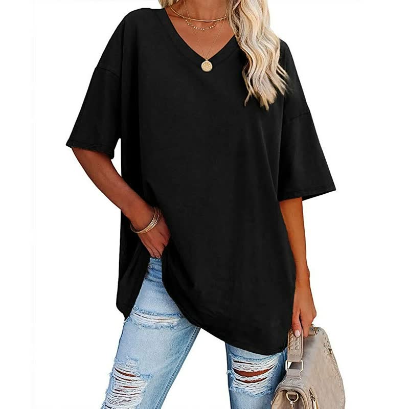 Schwarzes Damen-T-Shirt, V-Ausschnitt, lässig, Baumwolle, kurze Ärmel, modisch, bequem.