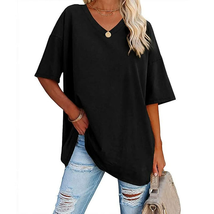 Schwarzes Damen-T-Shirt, V-Ausschnitt, lässig, Baumwolle, kurze Ärmel, modisch, bequem.