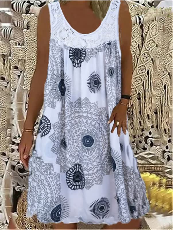 Weiße Sommerkleid Damen, ärmellos, Mandala-Muster, Baumwolle, Boho-Stil, Strandmode.