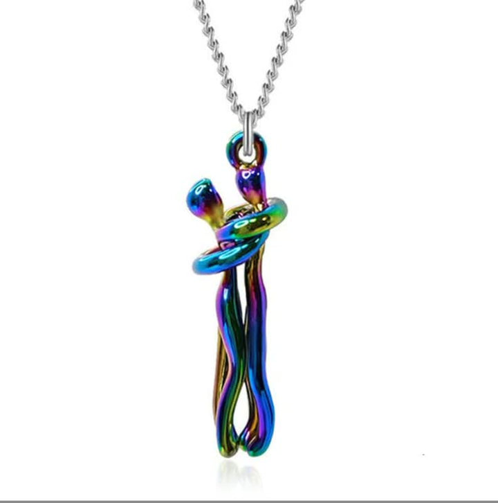 Bunter Edelstahl-Anhänger an Silberkette, modern, abstraktes Design, Schmuck für Damen.