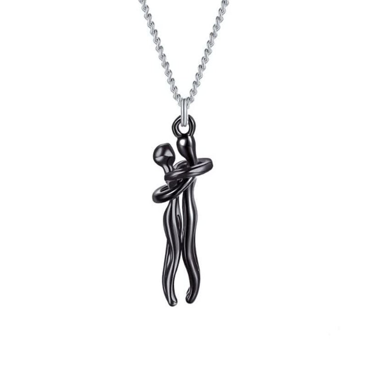 Silberne Halskette mit schwarzem Anhänger, abstrakte Umarmung, Edelstahl, Schmuck für Damen.
