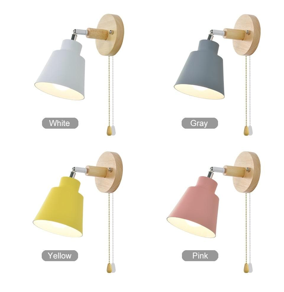 Wandlampe aus Holz mit Zugschalter, in Weiß, Grau, Gelb und Rosa, modernes Design.