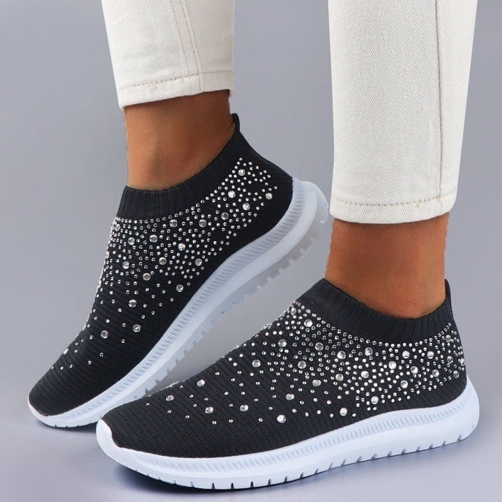 Schwarze Damen-Sneaker mit Strass, rutschfeste Sohle, atmungsaktiv, modisch, bequem.