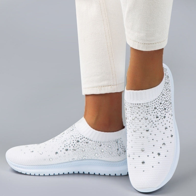 Weiße Damen-Sneaker mit Strass, atmungsaktiv, rutschfest, modisch, bequem, Freizeit.