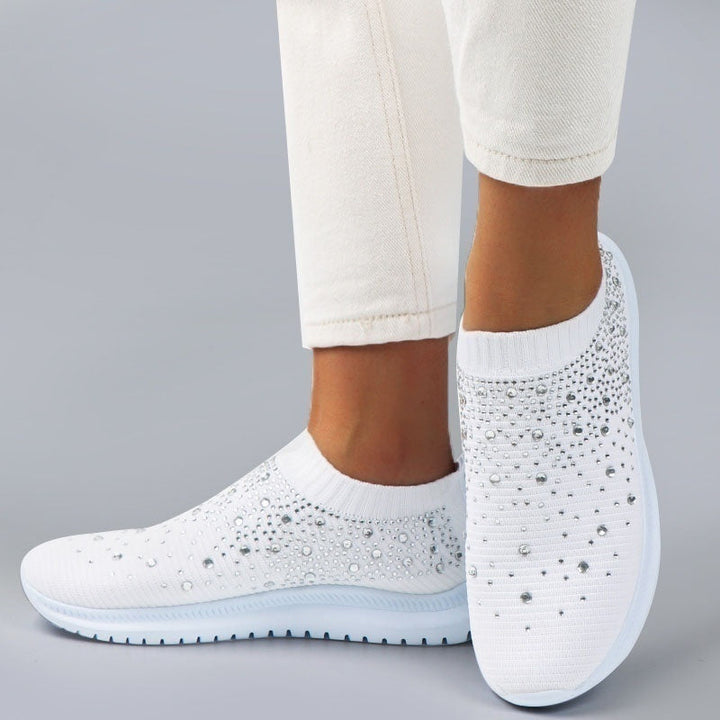 Weiße Damen-Sneaker mit Strass, atmungsaktiv, rutschfest, modisch, bequem, Freizeit.