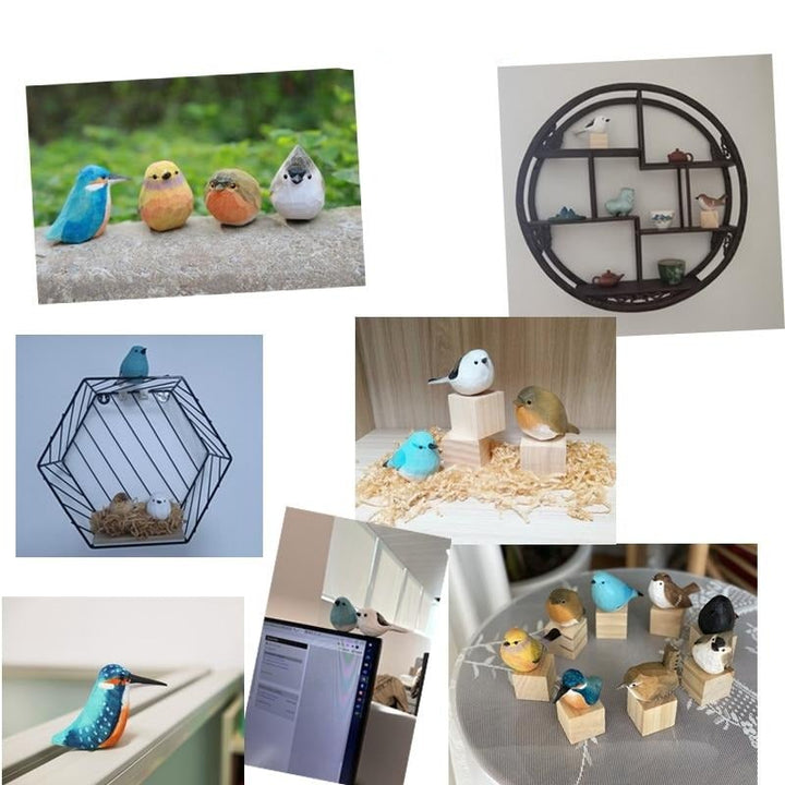 Vogel-Dekorationen aus Holz, bunt bemalt, auf Regalen und Tischen, handgefertigte Deko-Artikel.