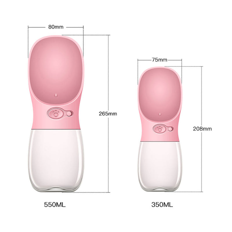 Rosa tragbare Hundewasserflasche, 550ml und 350ml, mit Spender, ideal für unterwegs.