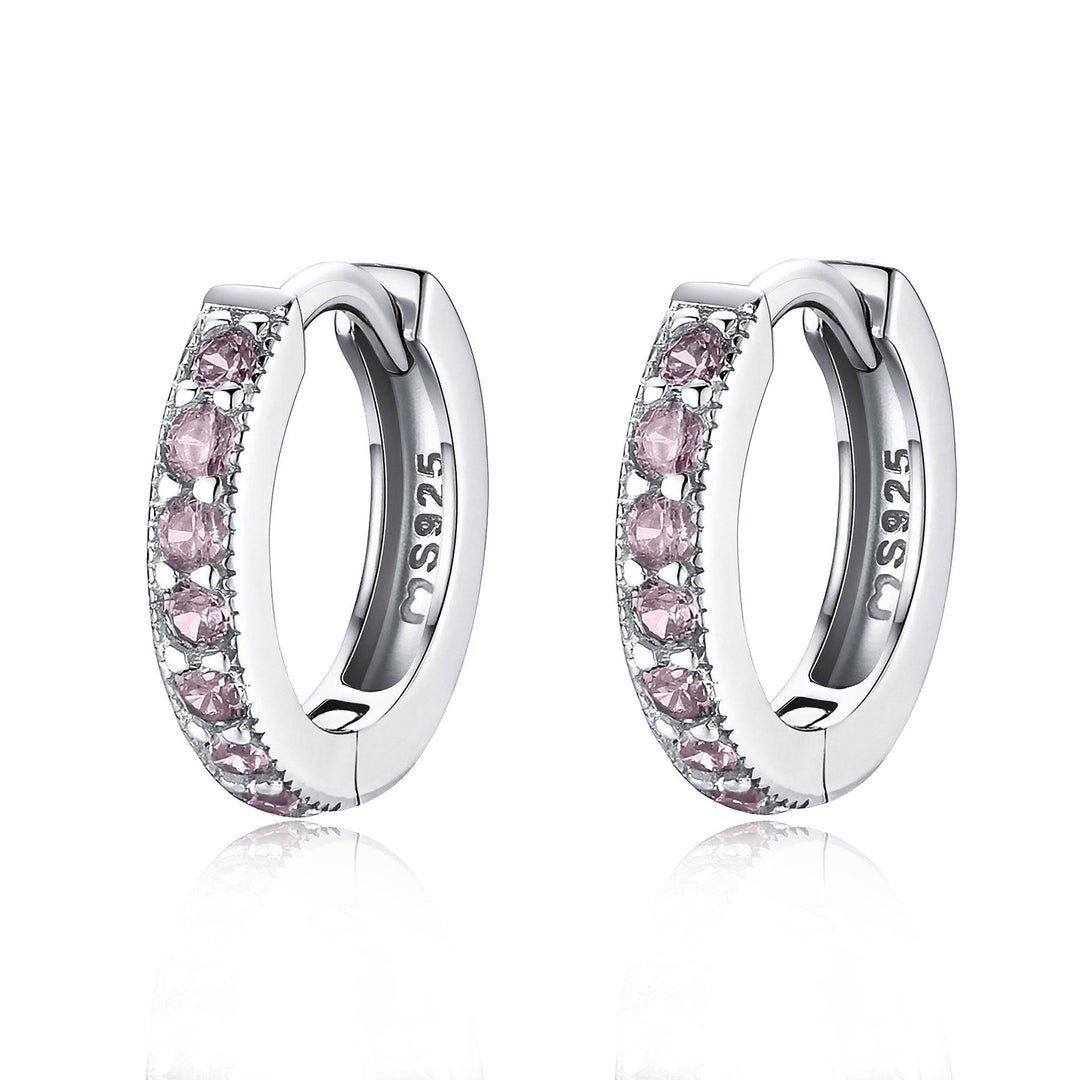 Silberne Creolen mit rosa Kristallen, 925 Sterling Silber Ohrringe, eleganter Schmuck.