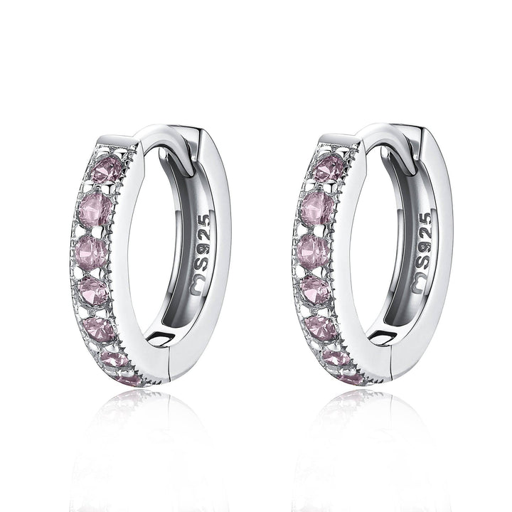Silberne Creolen mit rosa Kristallen, 925 Sterling Silber Ohrringe, eleganter Schmuck.