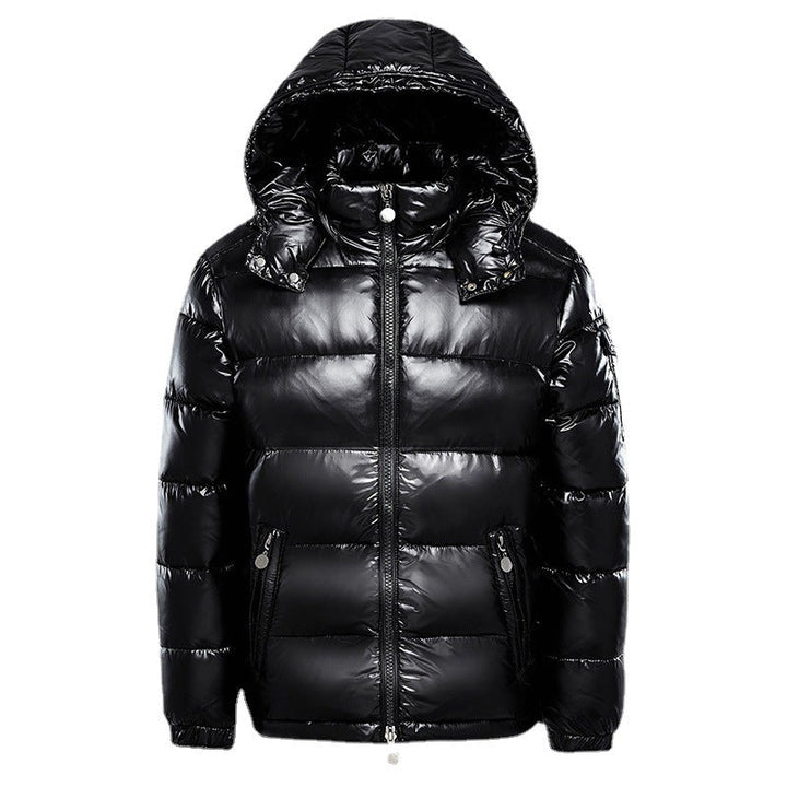 Schwarze Daunenjacke mit Kapuze, glänzend, Winterjacke, warm, modisch, Unisex.