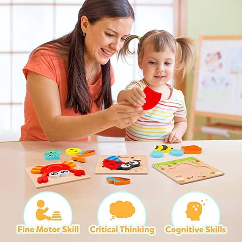 Dřevěné puzzle pro malé děti – Montessori objevovací set (1+1 ZDARMA)