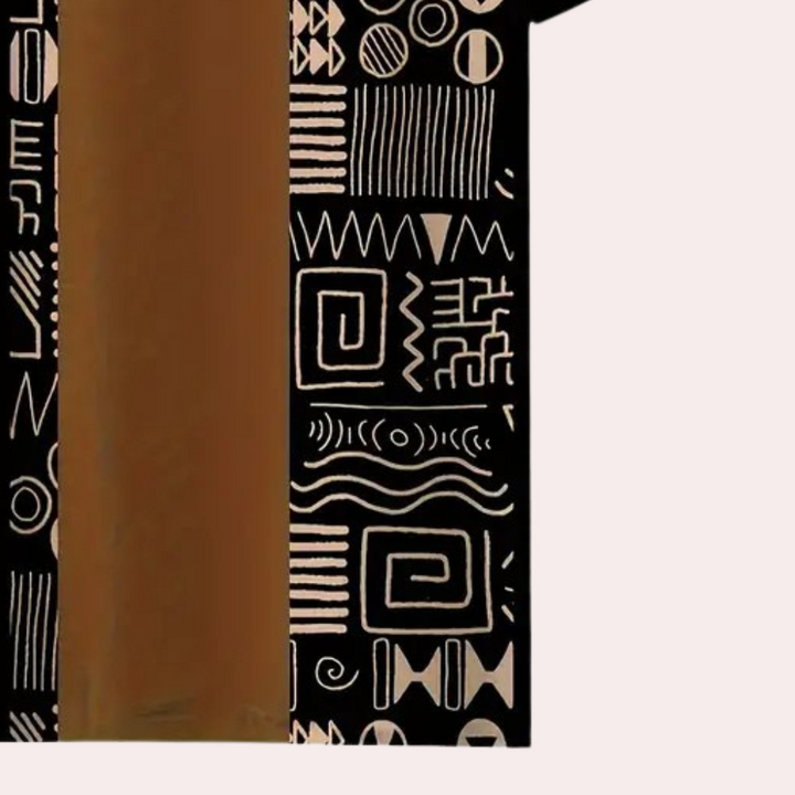 Schwarzes T-Shirt mit braunem Streifen und geometrischen Mustern, Unisex, Baumwolle.