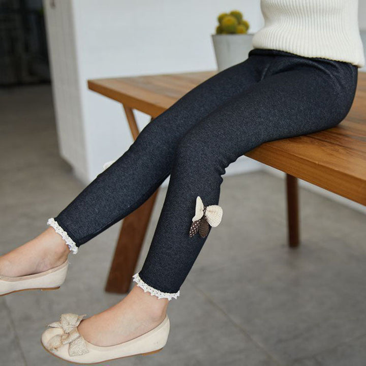 Mädchen-Leggings dunkelgrau mit Schleifen, Spitze, Baumwolle, bequem, modisch, Kinderbekleidung.