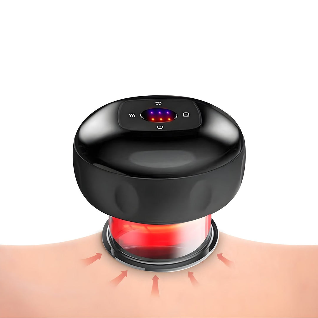 Schwarzes Massagegerät mit LED-Anzeige auf Haut, Vakuumtherapie, Schmerzbehandlung.