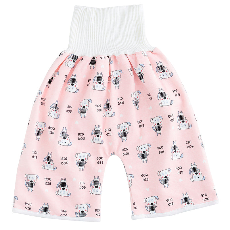 Rosa Baby-Trainingshose mit Hundenmuster, 2-in-1 Design, wiederverwendbar, Baumwolle.