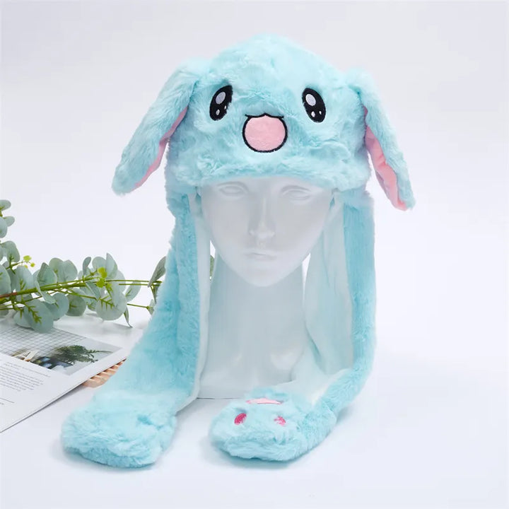 Kaninchenmütze aus blauem Plüsch mit Ohren, niedliches Design, Winteraccessoire für Kinder.