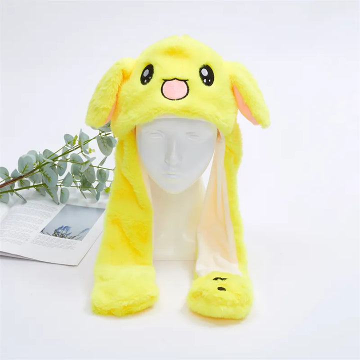 Gelbe Plüsch-Hasenmütze mit Ohren, kawaii Design, für Kinder, weiches Material, Geschenkidee.
