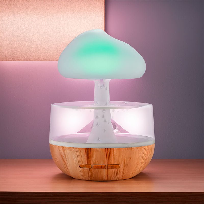 Moderner Luftbefeuchter in Wolkenform, LED-Beleuchtung, Holzoptik, für Wohnräume.
