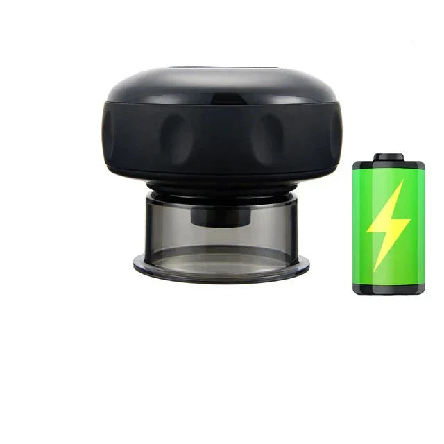 Schwarzer wiederaufladbarer Therapievibrator mit Saugnapf und Batterieladeanzeige.