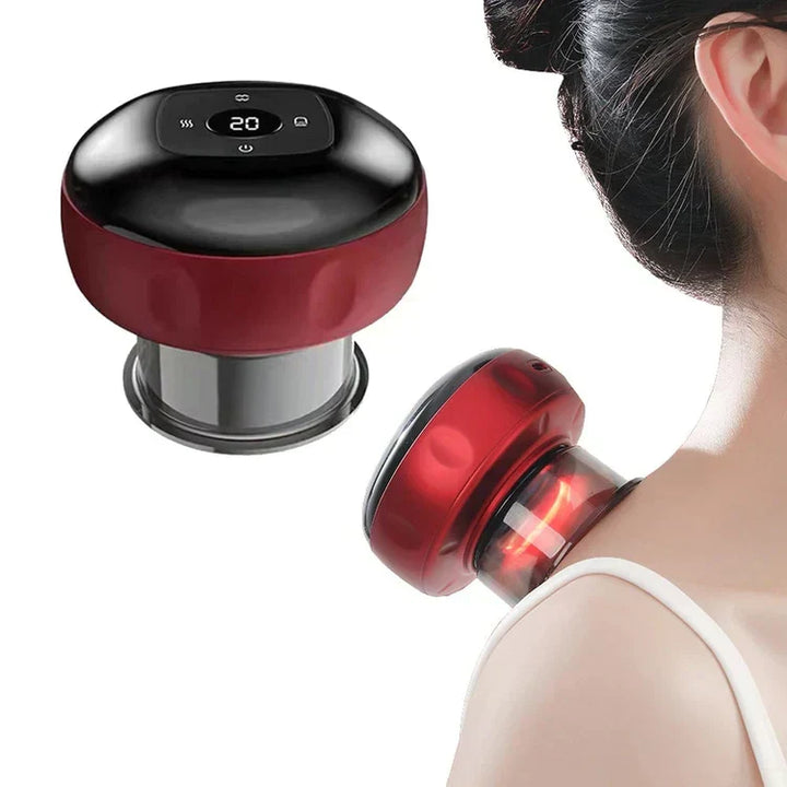 Wiederaufladbarer roter Therapievibrator mit Saugnapf, ideal für Nackenmassage und Schmerzlinderung.