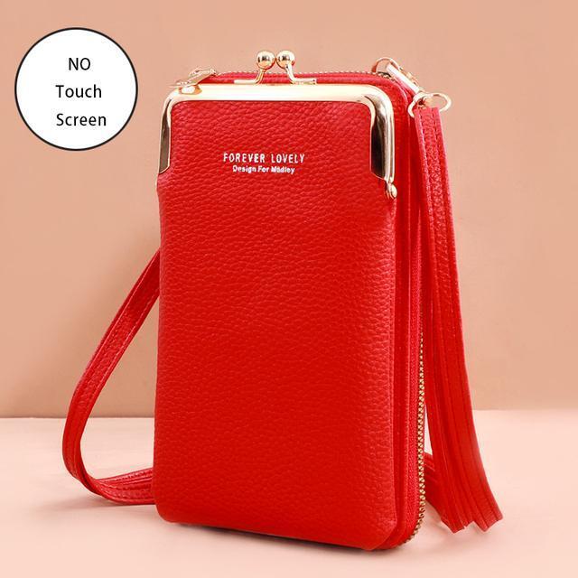 Rote Leder-Handytasche mit Schulterriemen, Vintage-Stil, für Damen, ohne Touchscreen-Funktion.
