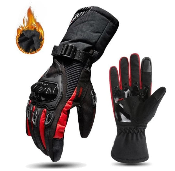 Schwarze und rote Motorradhandschuhe, wasserdicht, mit Knöchelschutz und verstellbarem Verschluss.