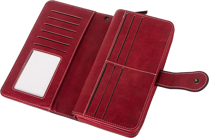Rote Leder-Geldbörse mit Kartenfächern und Druckknopfverschluss, stilvoll und funktional.