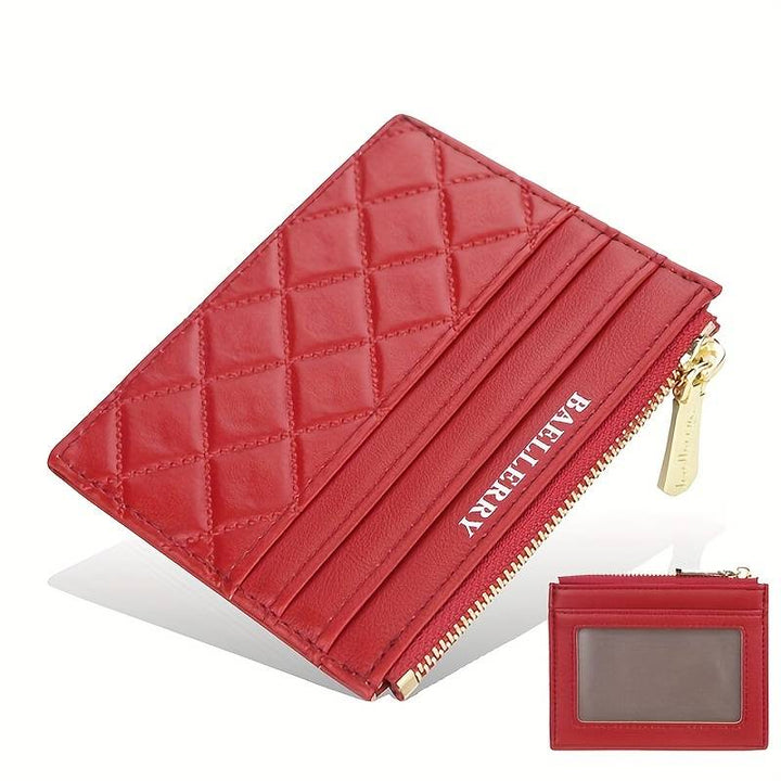 Rote Leder-Geldbörse mit Reißverschluss, Kartenfächern und Sichtfenster, elegant und praktisch.