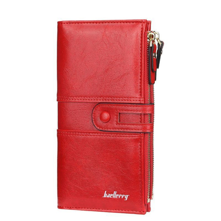 Rote Damen-Geldbörse aus Leder mit Reißverschluss und Knopfverschluss, elegant und praktisch.