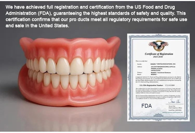 Zubní náhrada s růžovými dásněmi vedle certifikátu o registraci, nad ní text o splnění regulatorních požadavků. 9