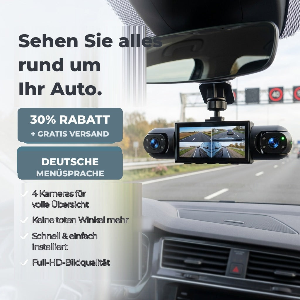 Autokamera s displejem a dvěma bočními objektivy upevněná pod zpětným zrcátkem, displej ukazuje čtyři záběry silnice. 1