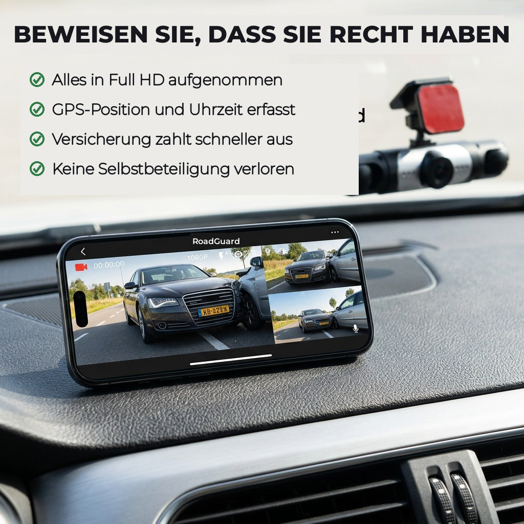 Telefon na palubní desce zobrazuje záznam z kamery s kolizí dvou aut, nahoře je vidět upevněná kamera. 5