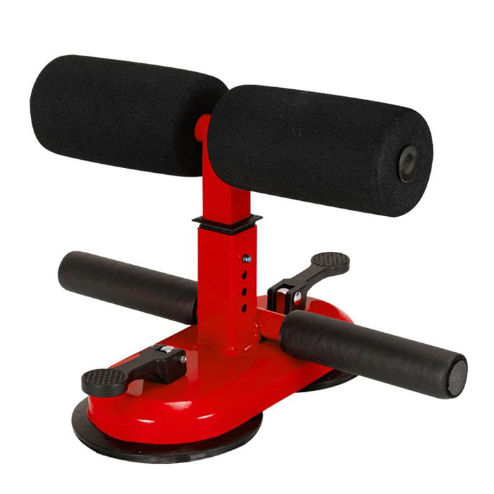 Roter Sissy-Squat-Trainer mit schwarzen Schaumstoffrollen, Fitnessgerät für Beintraining.