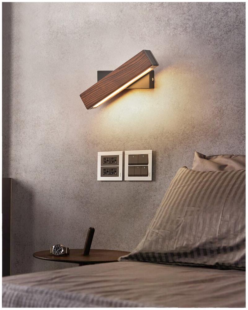 Drehbare LED-Wandleuchte aus Holz, modern, über Nachttisch, Schlafzimmerbeleuchtung.