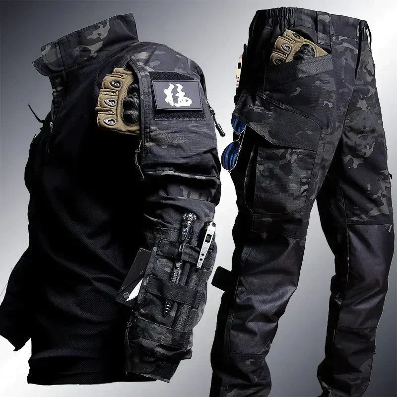 Taktische Tarnanzug-Set, schwarz, Camouflage, Outdoor-Bekleidung, multifunktional, Herren.