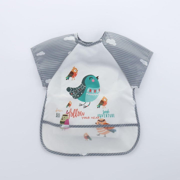 Baby-Lätzchen mit Vogelmotiv, grau-weiß gestreift, wasserdicht, für Kleinkinder.