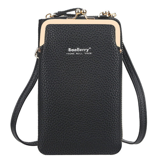 Schwarze Baellerry Handytasche aus Leder mit Schulterriemen, elegant und praktisch.