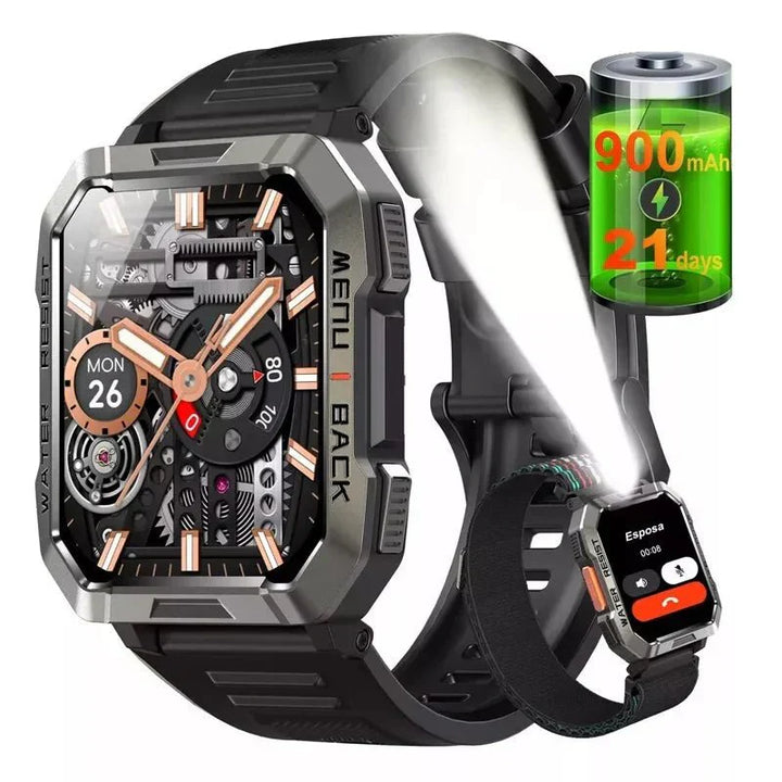 Schwarze Smartwatch mit robustem Design, 900mAh Akku, 21 Tage Laufzeit, LED-Licht, wasserdicht.