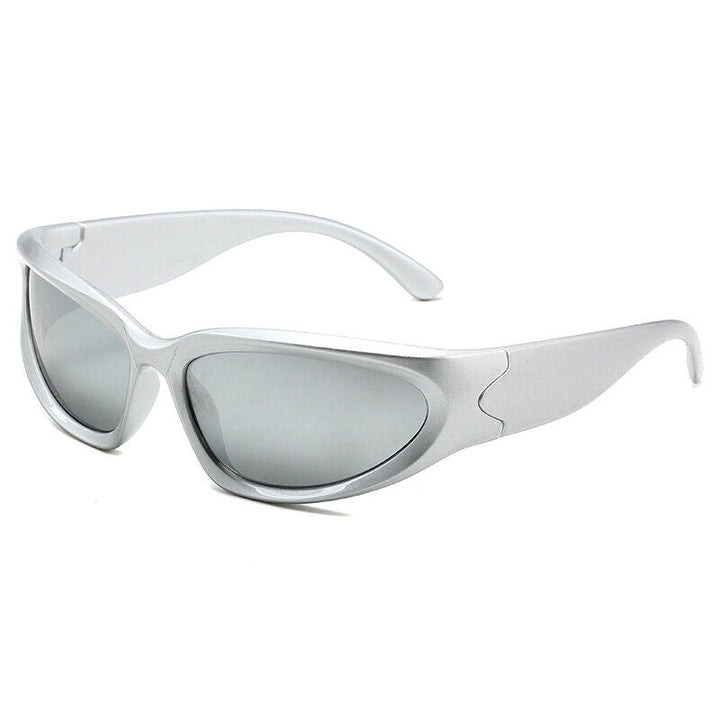 Silberne Sonnenbrille, futuristisches Design, UV-Schutz, modische Accessoires, Unisex.